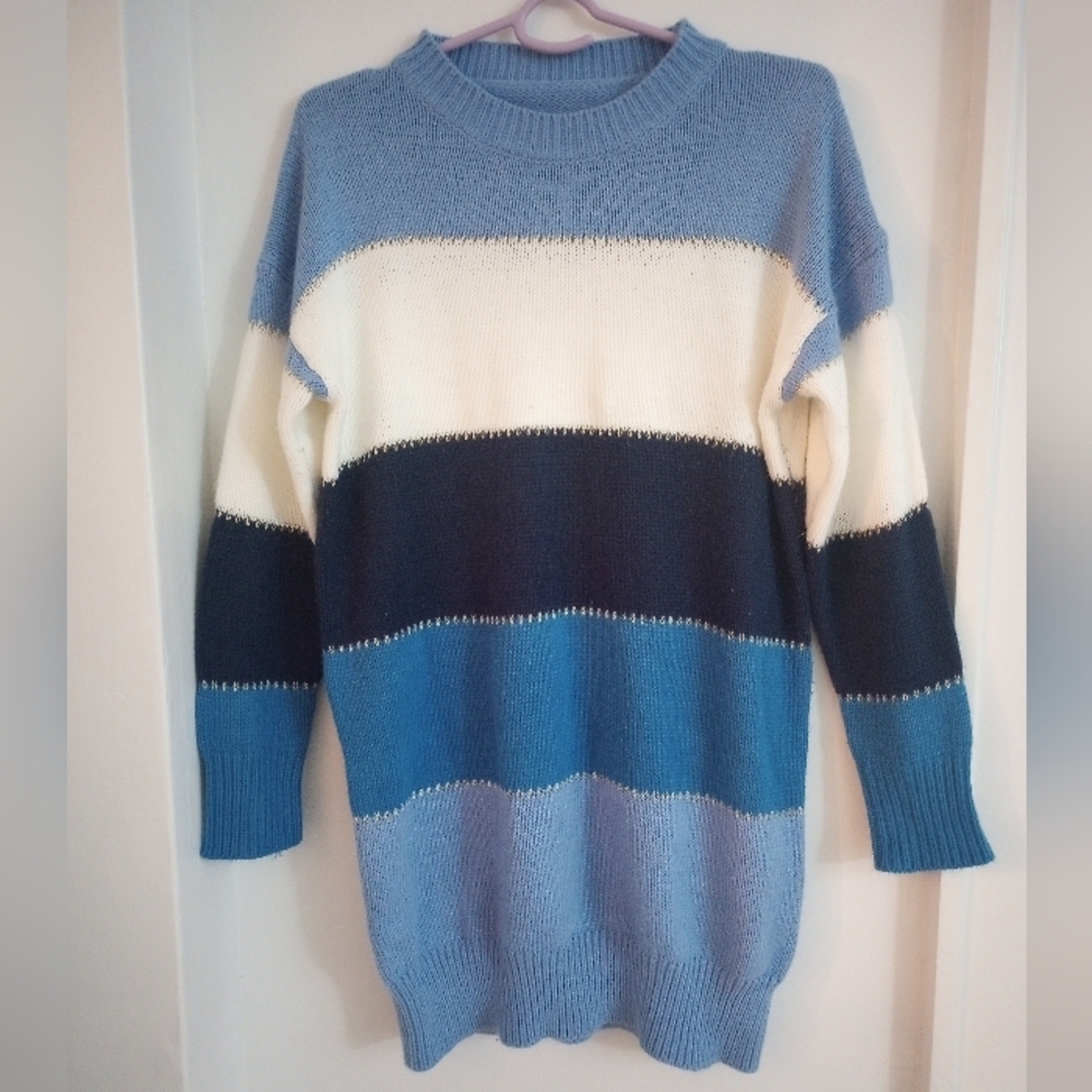Elegant Striped Blue and White Gold Glitter Women's Sweater Dress Size Medium